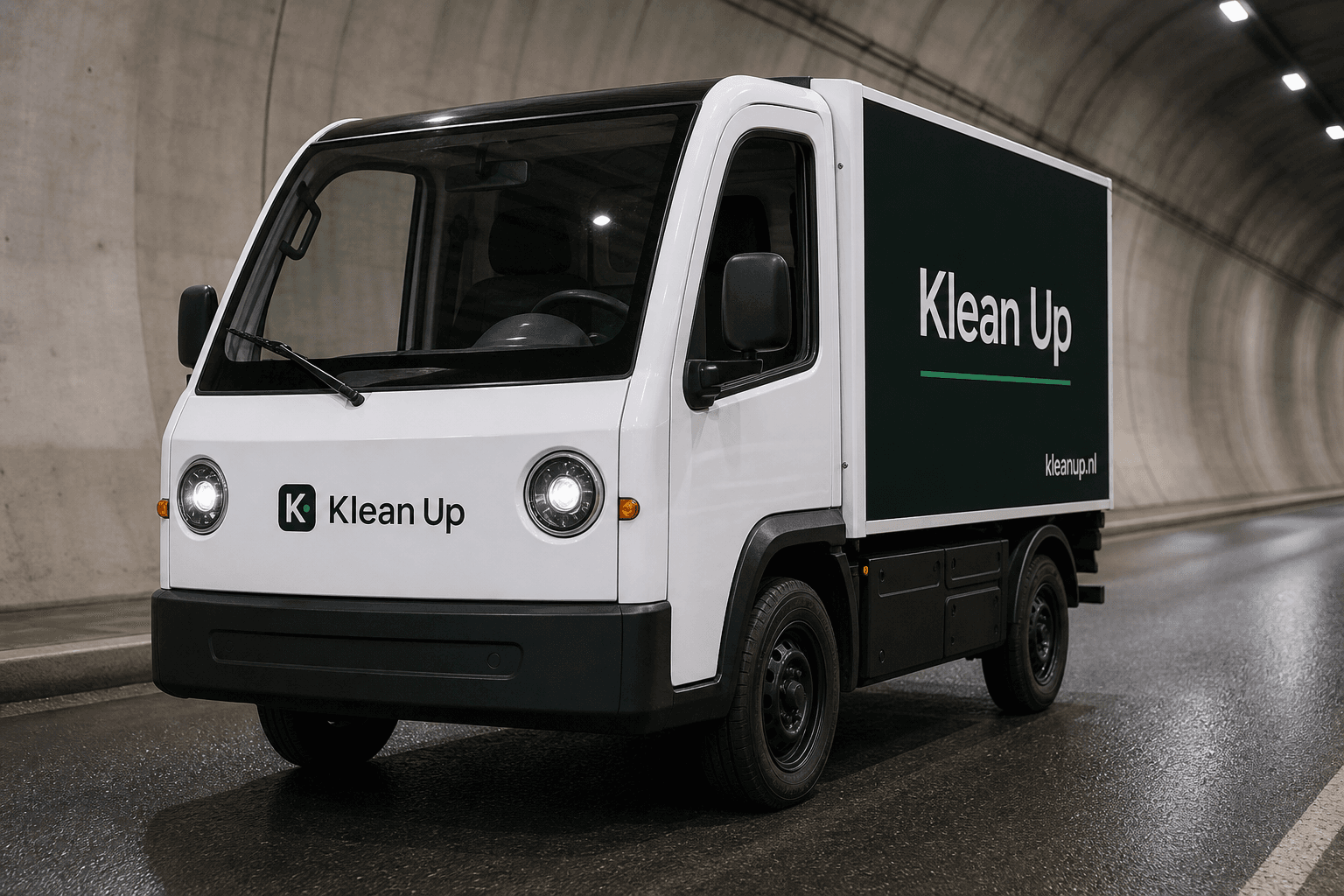 De elektrische Klean Up-wagen met witte cabine en donkergroene laadbak, frontaal in een tunnel