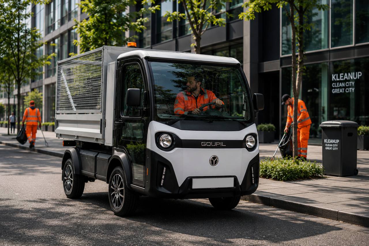 Klean Up team met compacte elektrische servicewagen en afvalbak in moderne stadsstraat